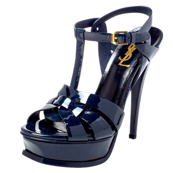 Saint Laurent Navy Blue Patent Leather Tribute 105 Platform Sandals size 38 - Picture 1 of 14